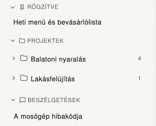 The sidebar: a pinned chat, two project folders and a chat
